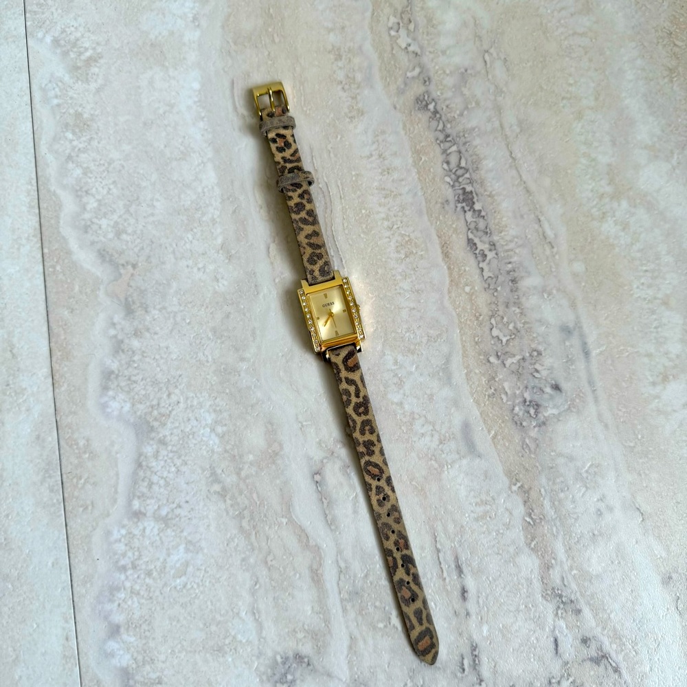 Guess Goldtone Crystal Watch Rectangular Suede Leopard Band Petite